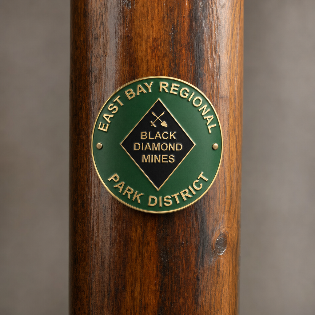 Black Diamond Mines East Bay Regional Park District hiking stick medallion installed on a wooden hiking staff