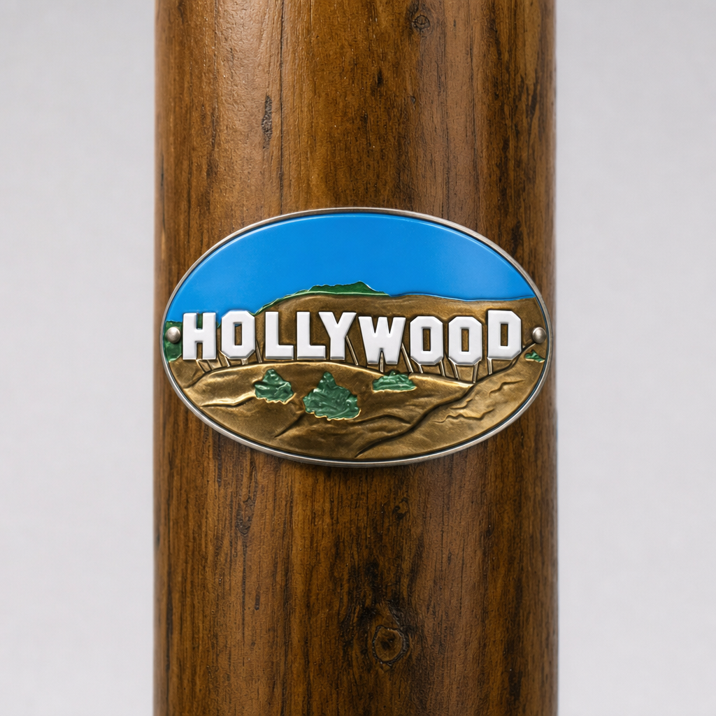 Hollywood Sign hiking stick medallion installed on a wooden hiking staff