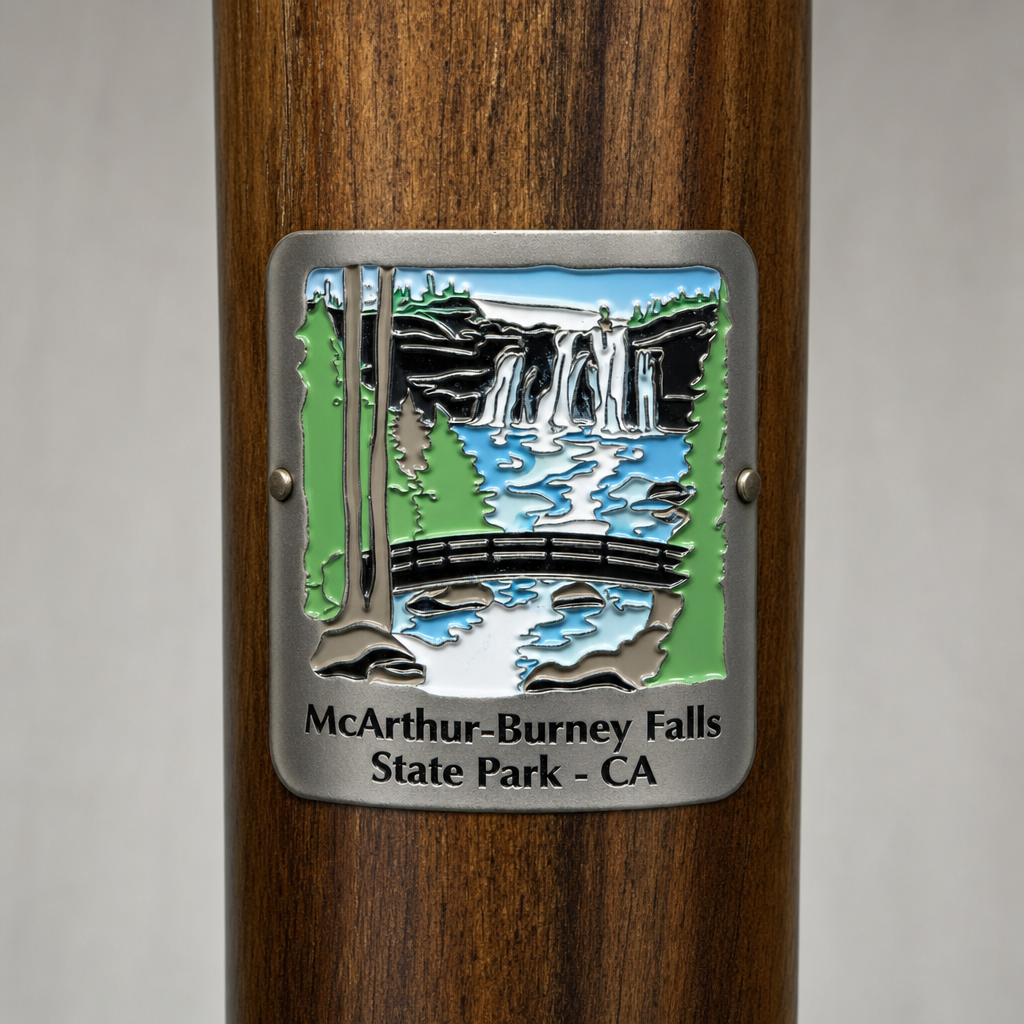 McArthur-Burney Falls hiking stick medallion installed on a wooden hiking staff
