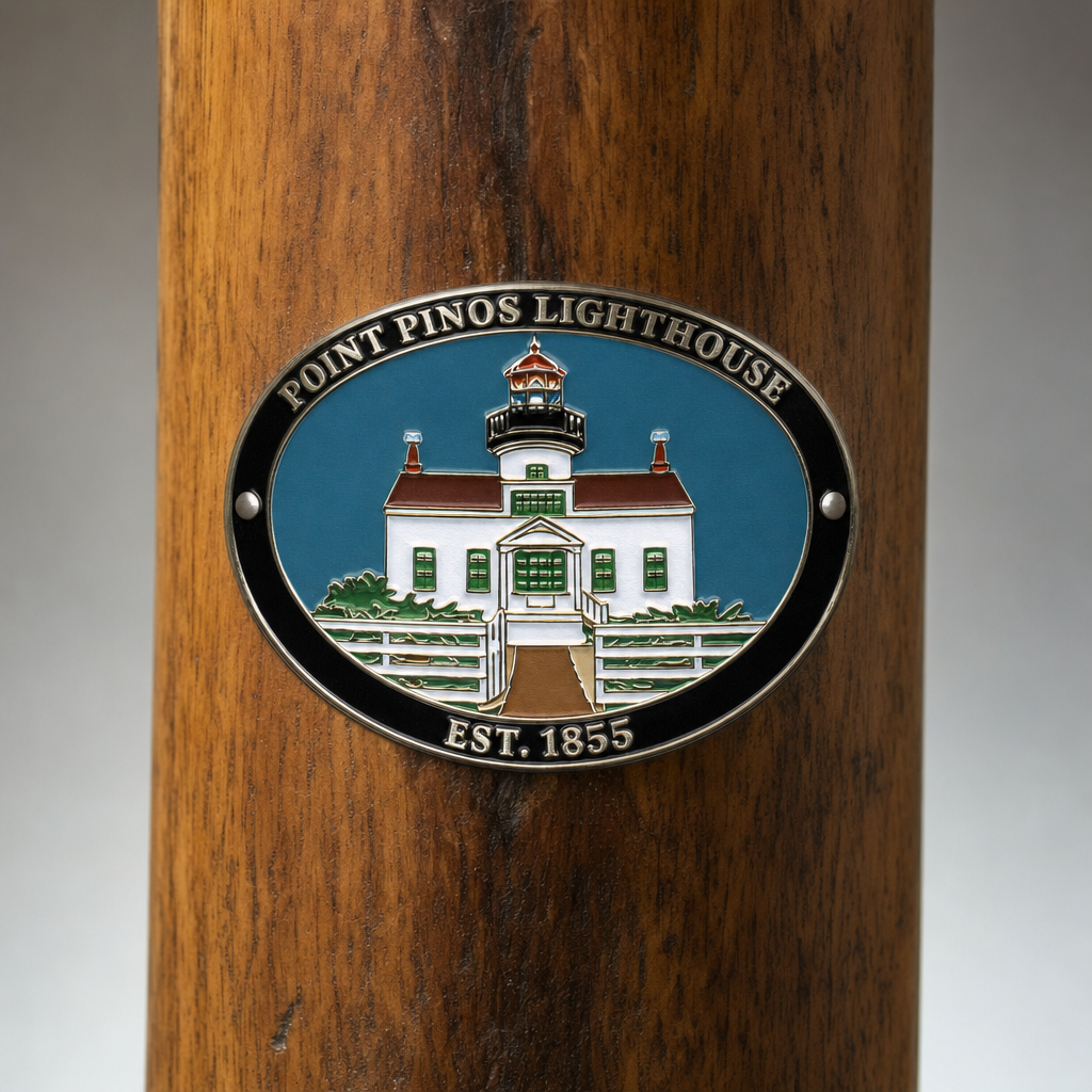 Point Pinos Lighthouse hiking stick medallion installed on a wooden hiking staff