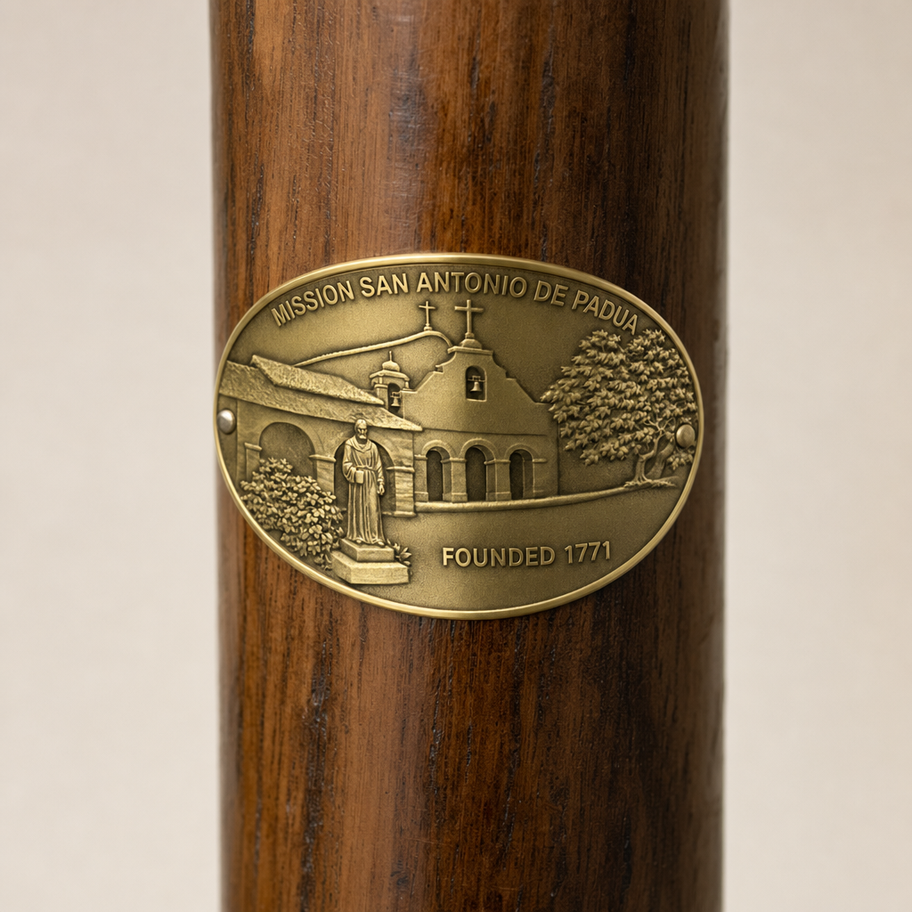 Mission San Antonio De Padua hiking stick medallion installed on a wooden hiking staff