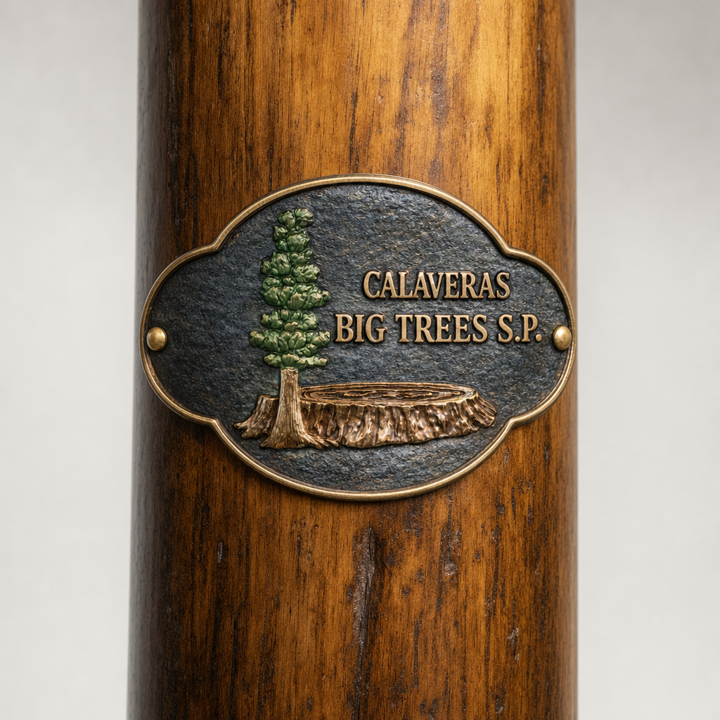 Calaveras Big Trees State Park Sequoia Tree hiking stick medallion installed on a wooden hiking staff