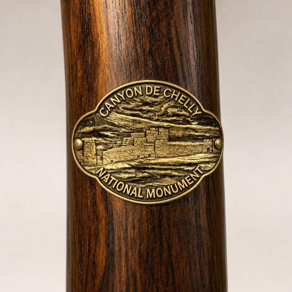 Canyon de Chelly National Monument View hiking stick medallion installed on a wooden hiking staff
