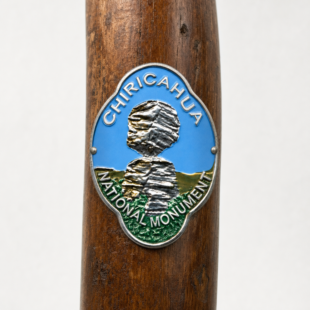 Chiricahua National Monument Pinnacle Balanced Rock hiking stick medallion installed on a wooden hiking staff