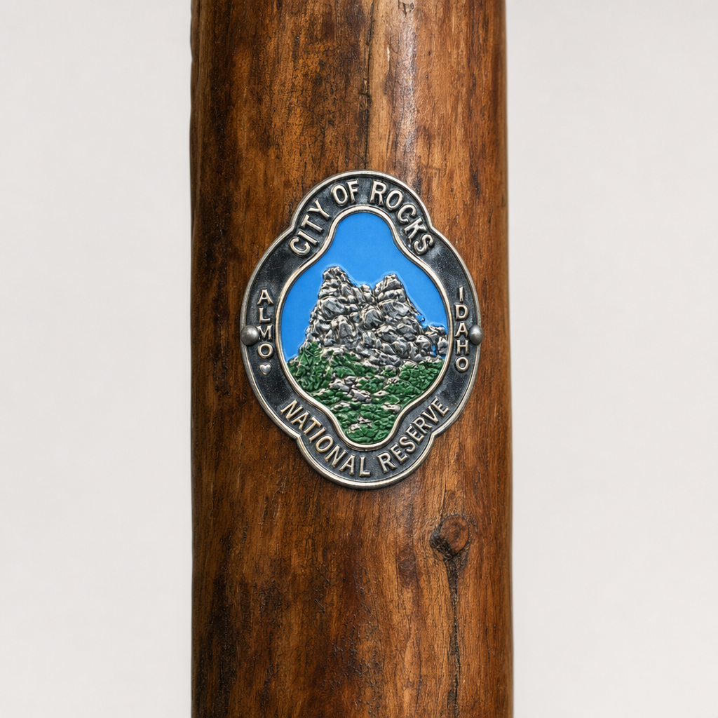City of Rocks National Monument hiking stick medallion installed on a wooden hiking staff