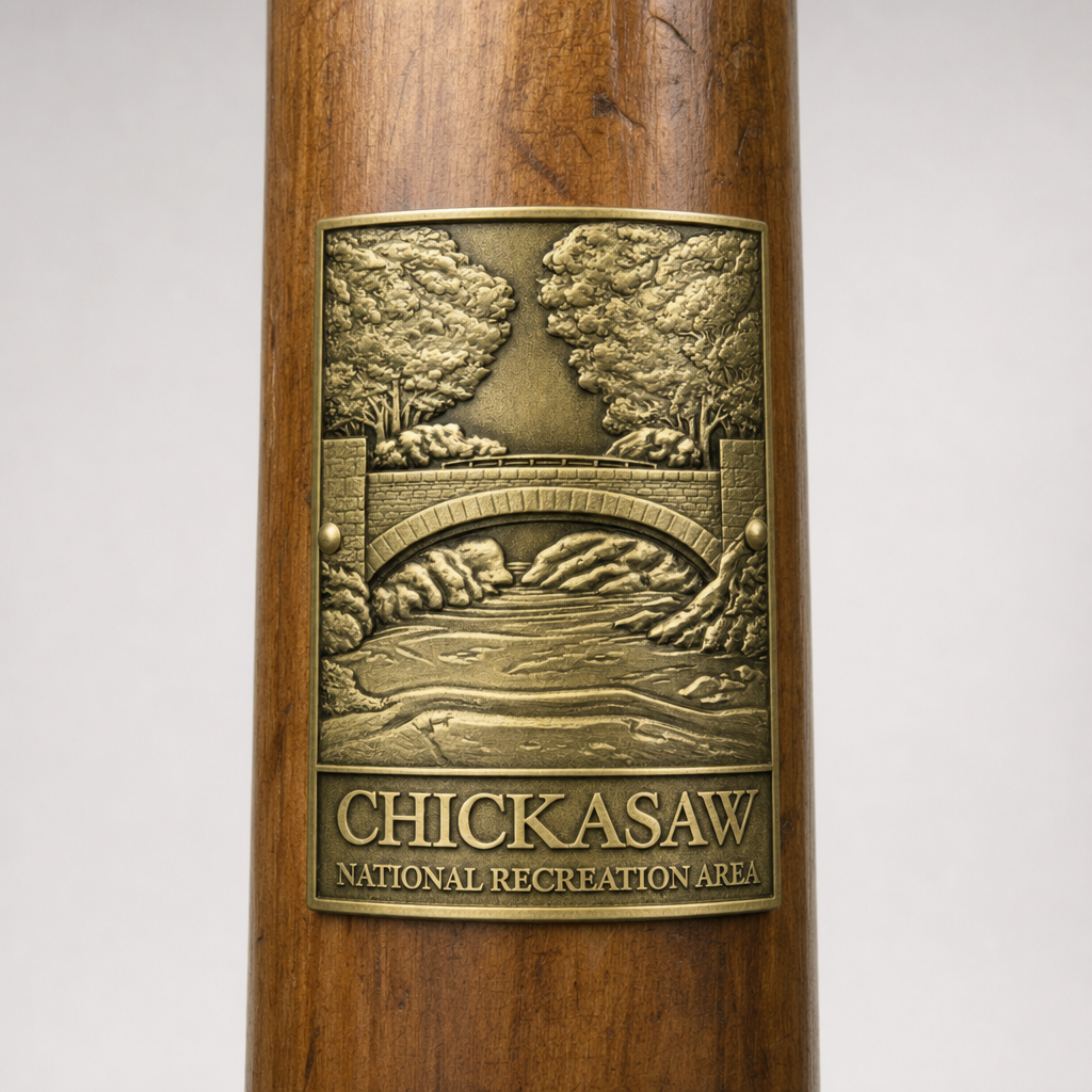Chickasaw National Recreation Area hiking stick medallion installed on a wooden hiking staff