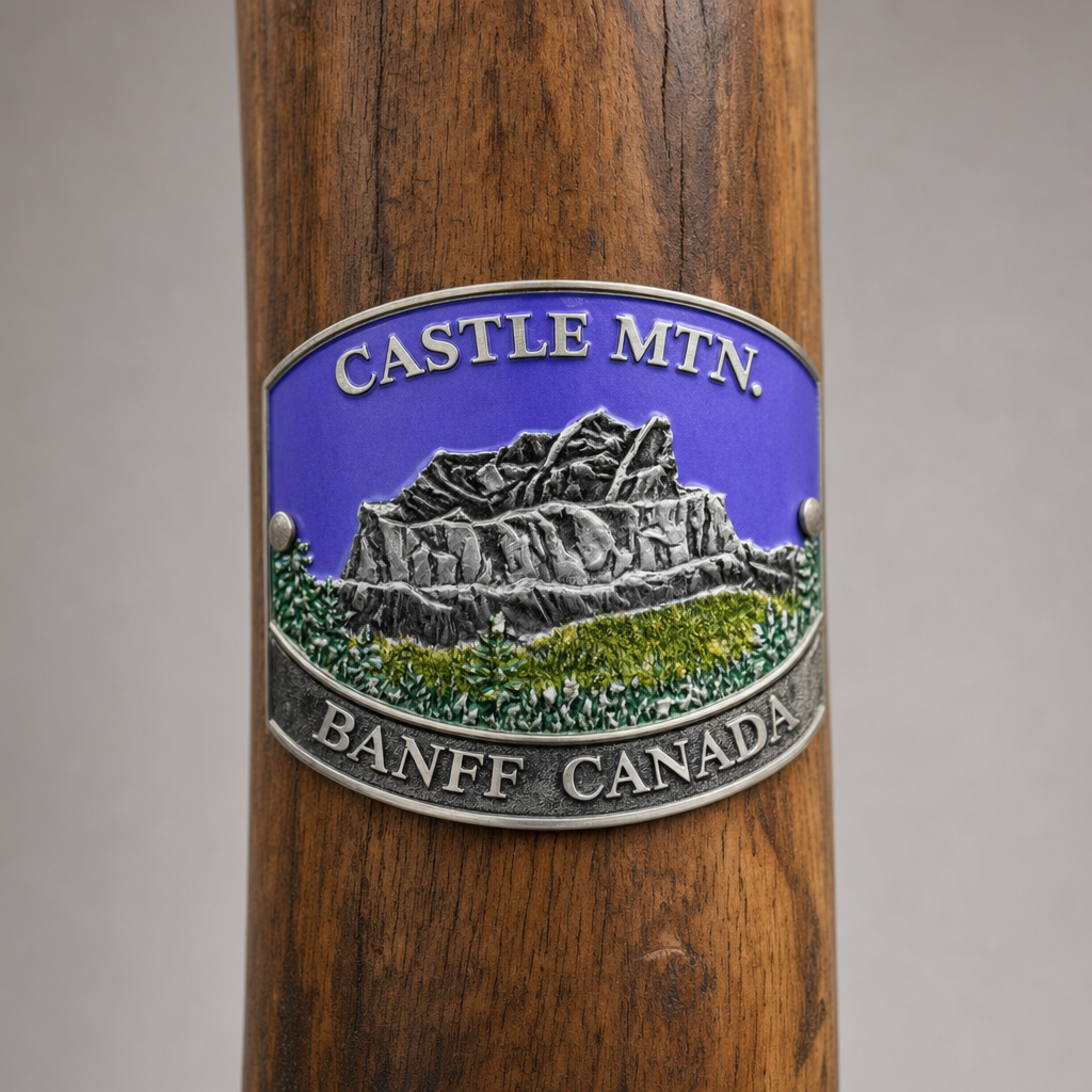 Banff Canadian National Park Castle Mountain hiking stick medallion installed on a wooden hiking staff