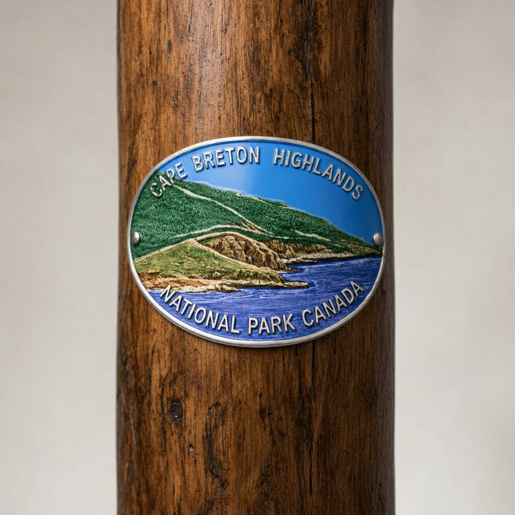 Cape Breton Highlands Canadian National Park hiking stick medallion installed on a wooden hiking staff