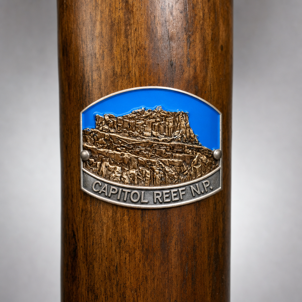 Capitol Reef National Park hiking stick medallion installed on a wooden hiking staff