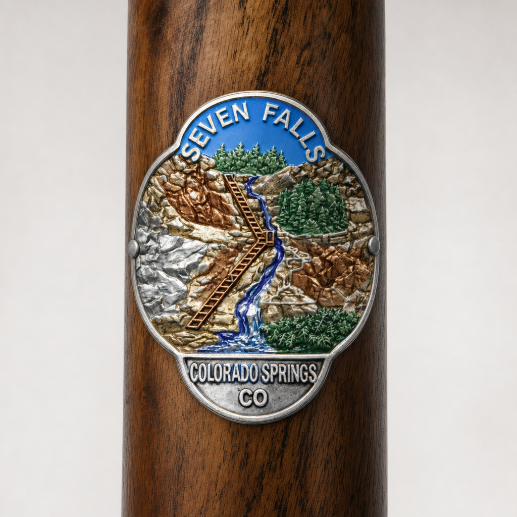 Seven Falls State Park hiking stick medallion installed on a wooden hiking staff