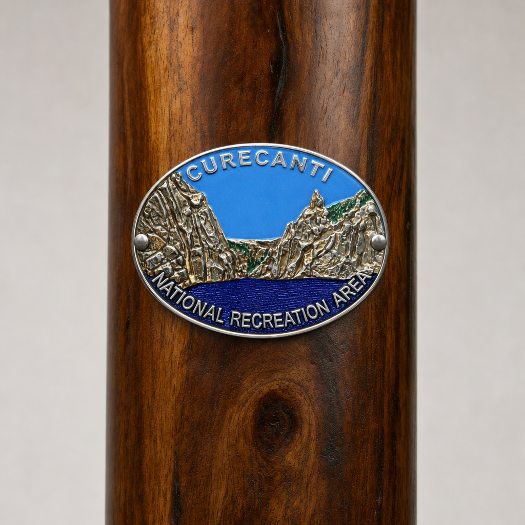 Curecanti National Recreation Area hiking stick medallion installed on a wooden hiking staff
