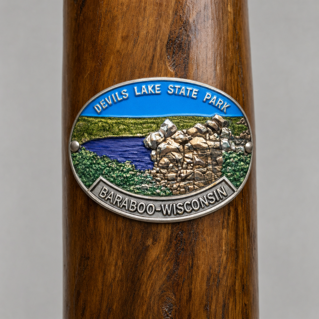 Devil's Lake State Park hiking stick medallion installed on a wooden hiking staff