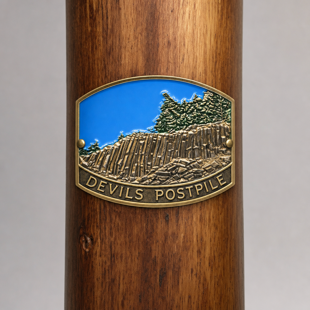 Devil's Postpile National Monument View hiking stick medallion installed on a wooden hiking staff