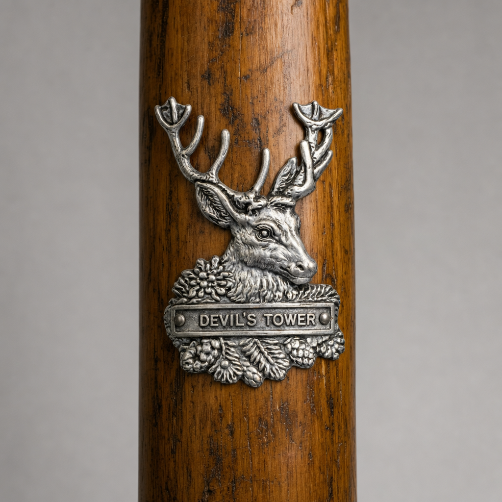 Devil's Tower National Monument Deer hiking stick medallion installed on a wooden hiking staff