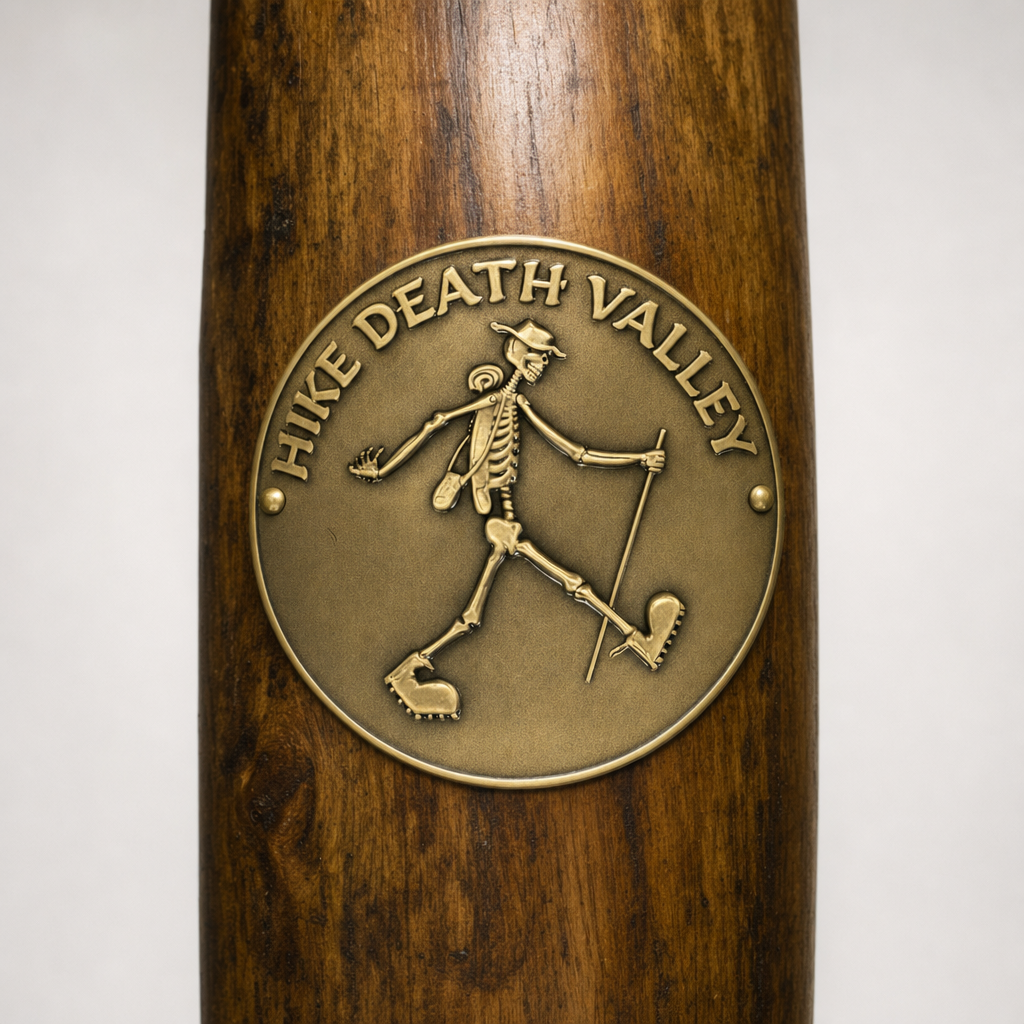 Death Valley National Park Hike hiking stick medallion installed on a wooden hiking staff