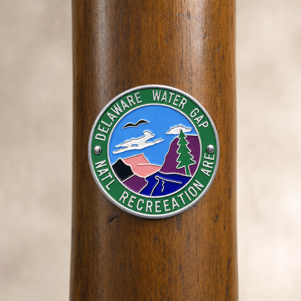 Delaware Water Gap National Recreation Area View hiking stick medallion installed on a wooden hiking staff