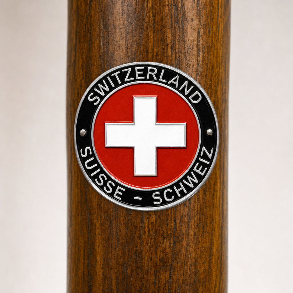 Switzerland - Emblem hiking stick medallion installed on a wooden hiking staff