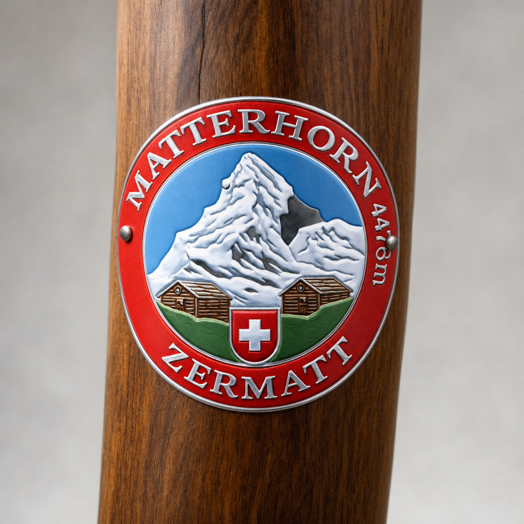 Zermatt hiking stick medallion installed on a wooden hiking staff