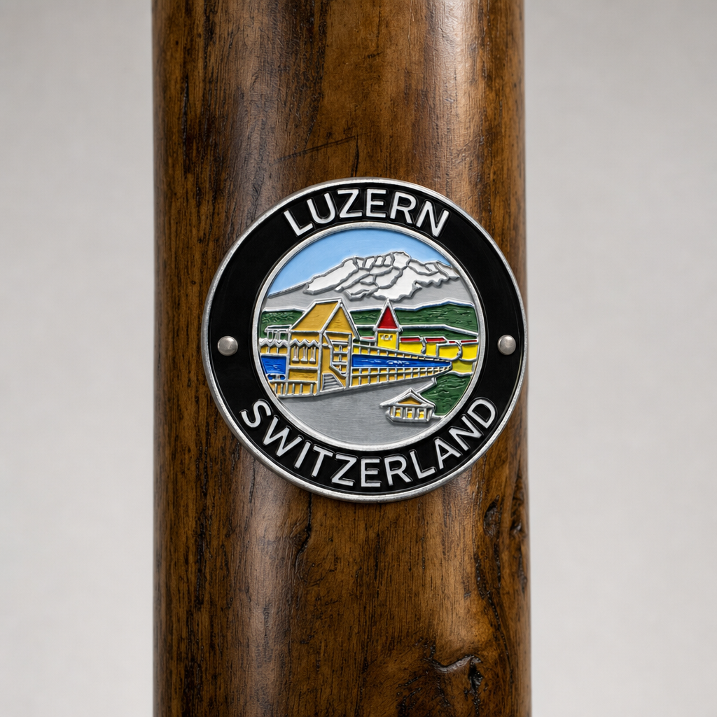 Luzern hiking stick medallion installed on a wooden hiking staff