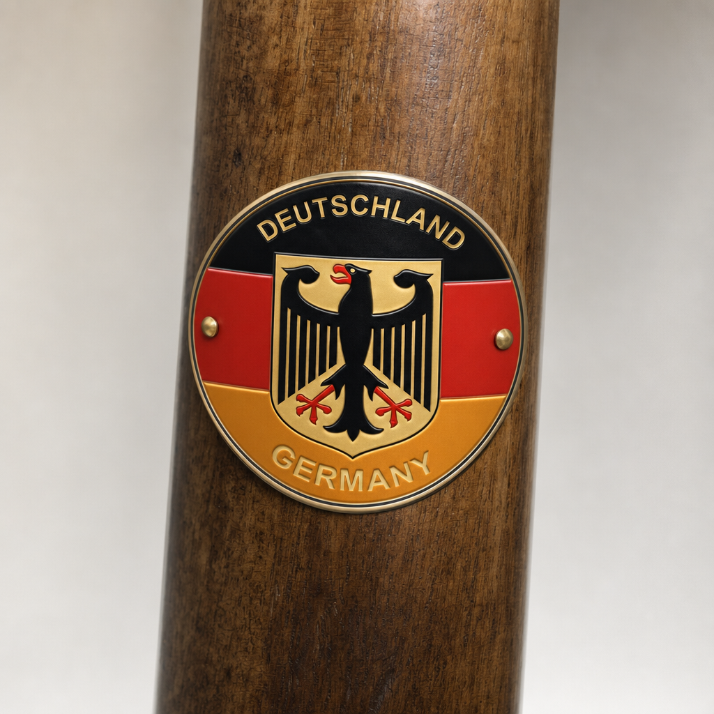 Deutschland hiking stick medallion installed on a wooden hiking staff