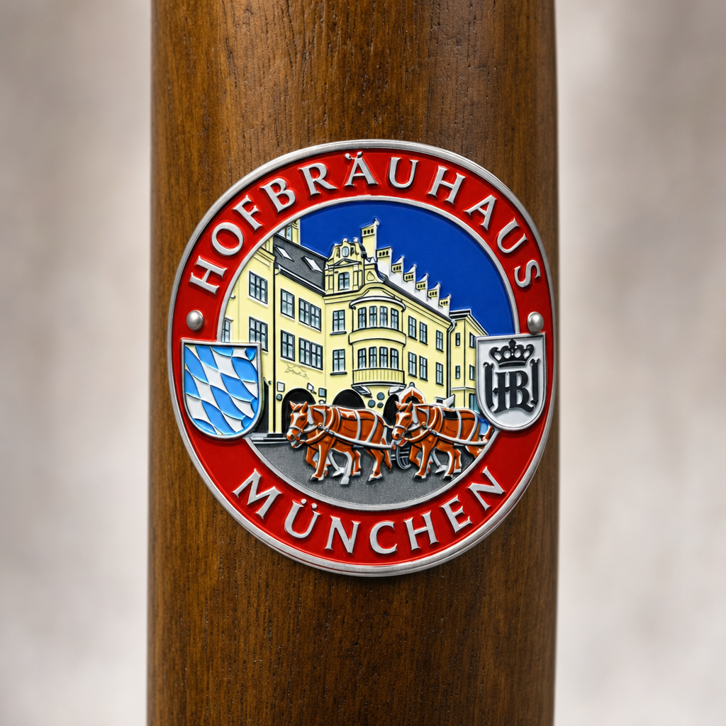 Hofbrauhaus hiking stick medallion installed on a wooden hiking staff