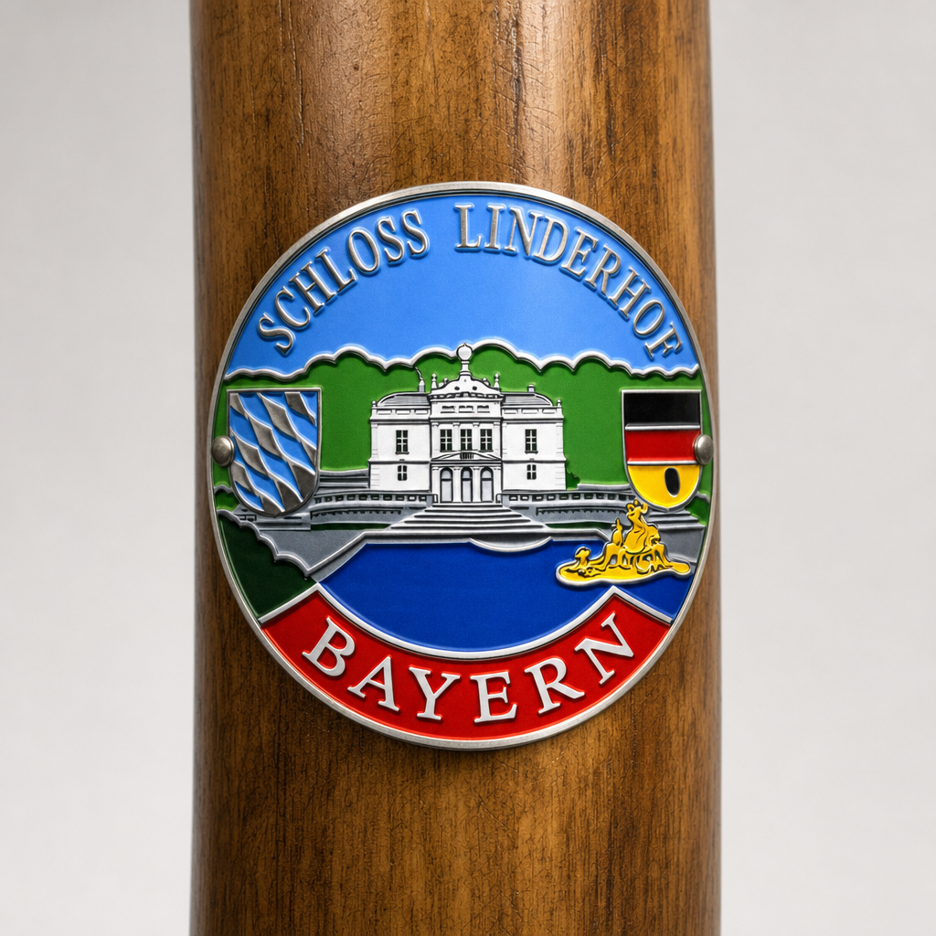 Schloss Linderhof hiking stick medallion installed on a wooden hiking staff