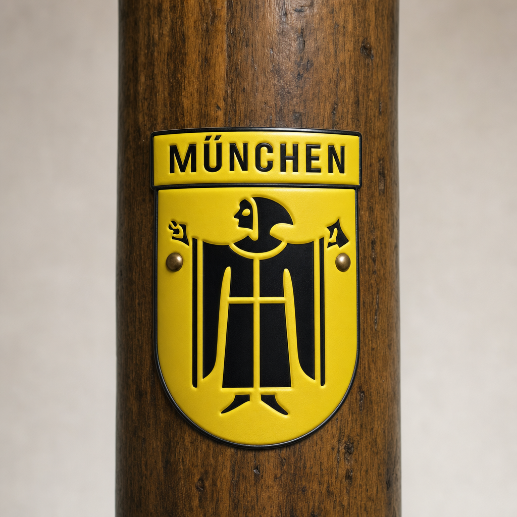 Munchen hiking stick medallion installed on a wooden hiking staff