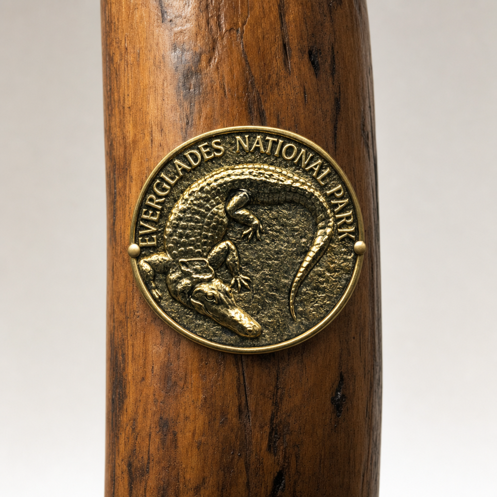 Everglades National Park Alligator hiking stick medallion installed on a wooden hiking staff