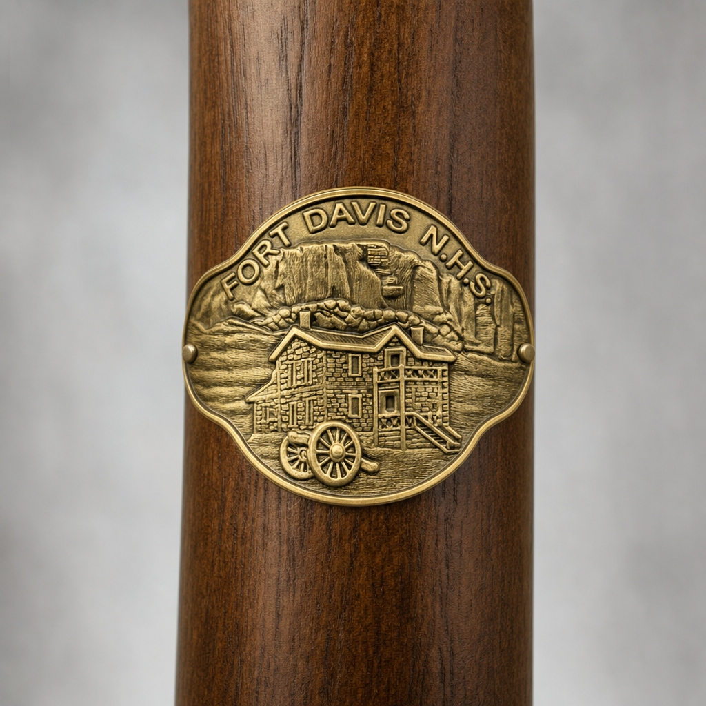 Fort Davis National Historic Site hiking stick medallion installed on a wooden hiking staff