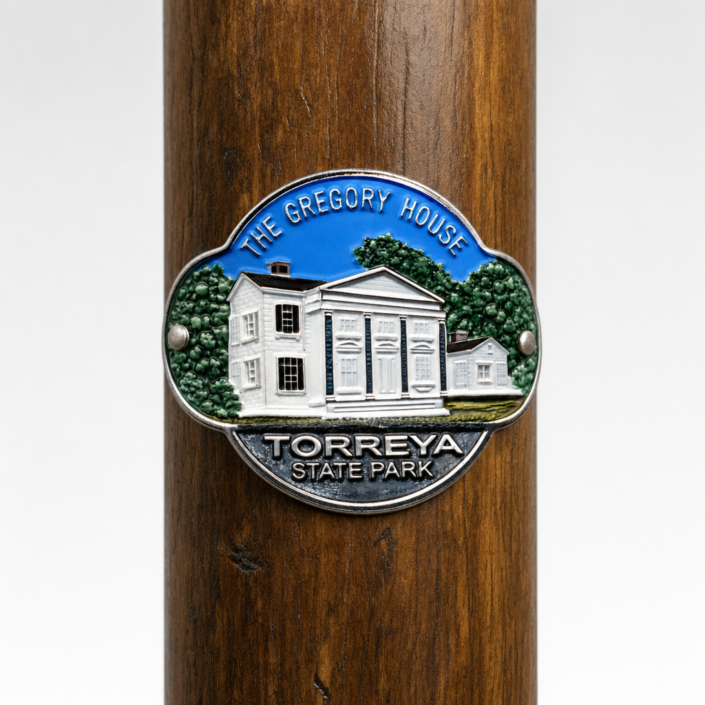 Torrey - Gregory House State Park Gregory House hiking stick medallion installed on a wooden hiking staff