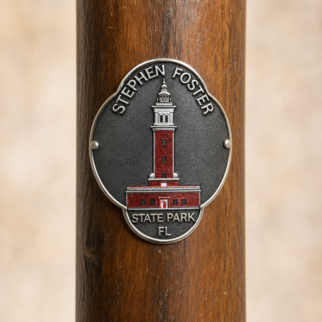 Stephen Foster State Park hiking stick medallion installed on a wooden hiking staff