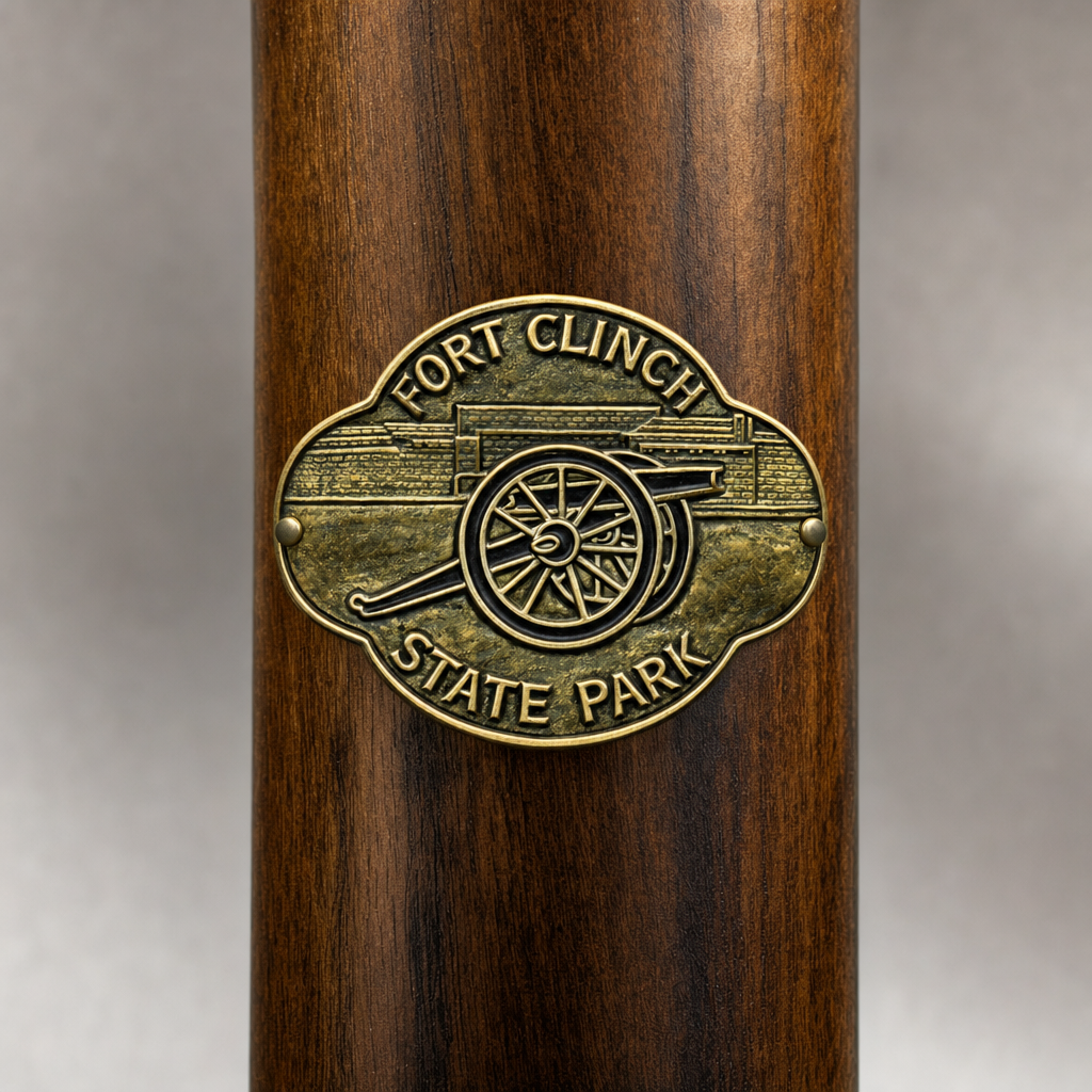 Fort Clinch State Park hiking stick medallion installed on a wooden hiking staff
