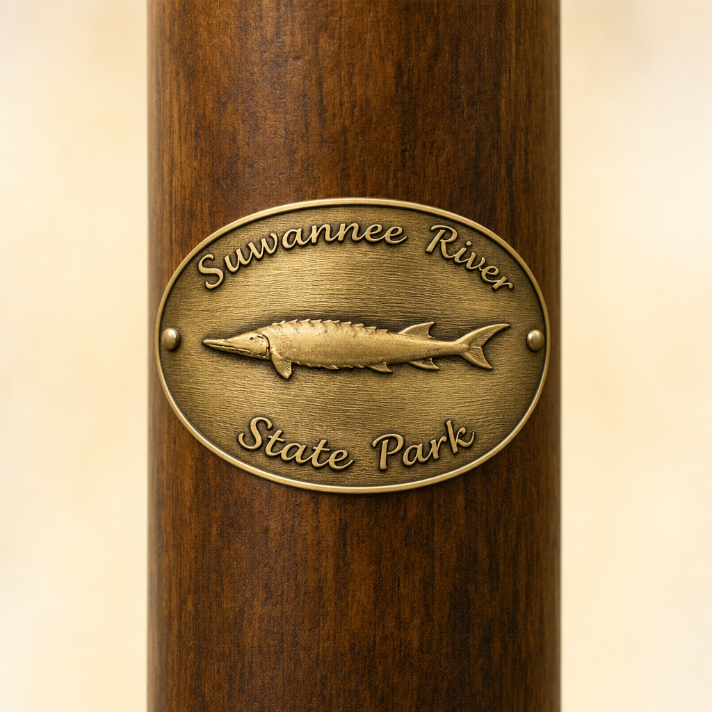Suwannee River State Park hiking stick medallion installed on a wooden hiking staff