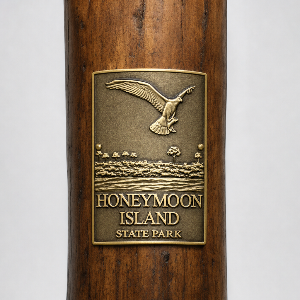 Honeymoon Island State Park hiking stick medallion installed on a wooden hiking staff