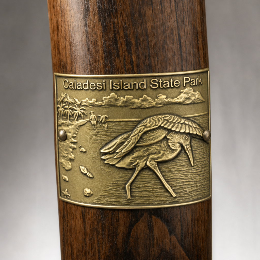 Caladesi Island State Park hiking stick medallion installed on a wooden hiking staff