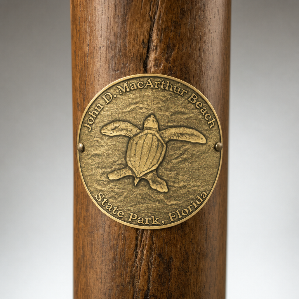 John D MacArthur Beach State Park hiking stick medallion installed on a wooden hiking staff