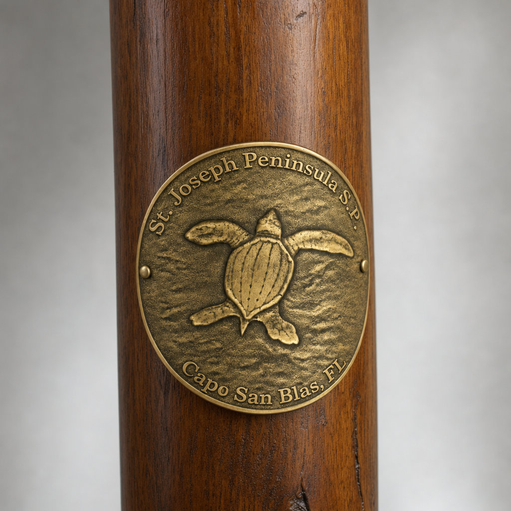 St. Joseph Peninsula State Park hiking stick medallion installed on a wooden hiking staff