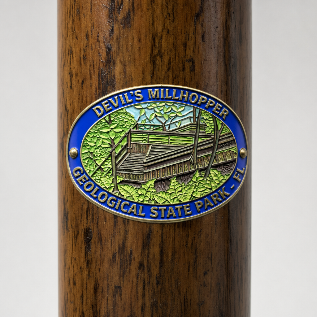 Devil's Millhopper State Park hiking stick medallion installed on a wooden hiking staff