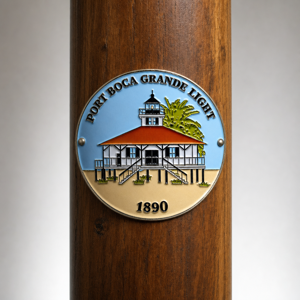 Port Boca Grande Light hiking stick medallion installed on a wooden hiking staff