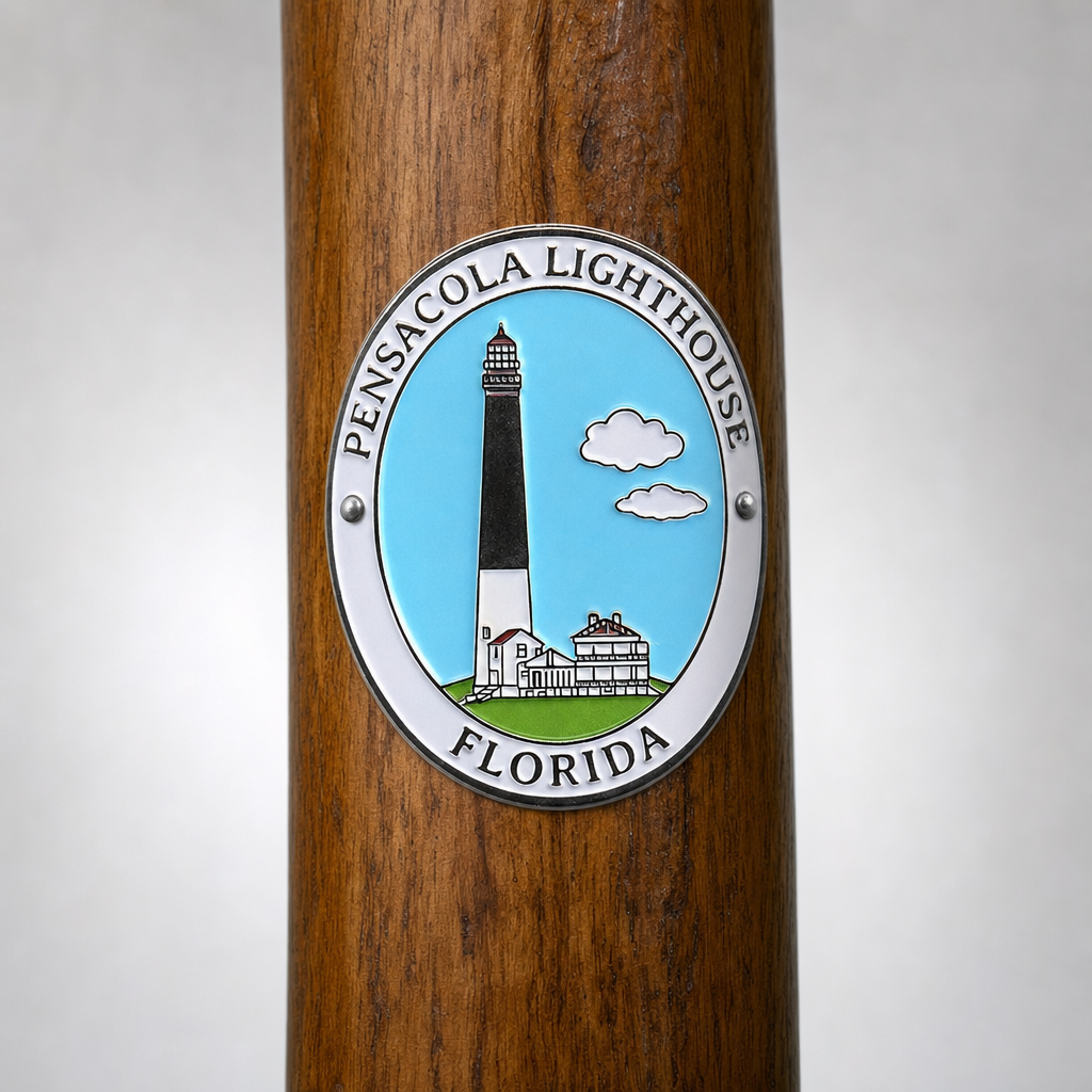 Pensacola Lighthouse hiking stick medallion installed on a wooden hiking staff