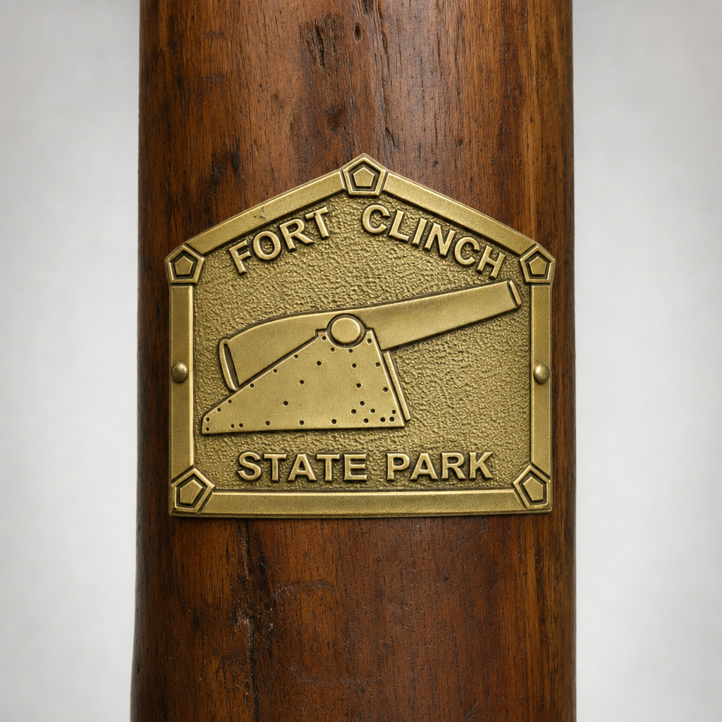 Fort Clinch State Park hiking stick medallion installed on a wooden hiking staff