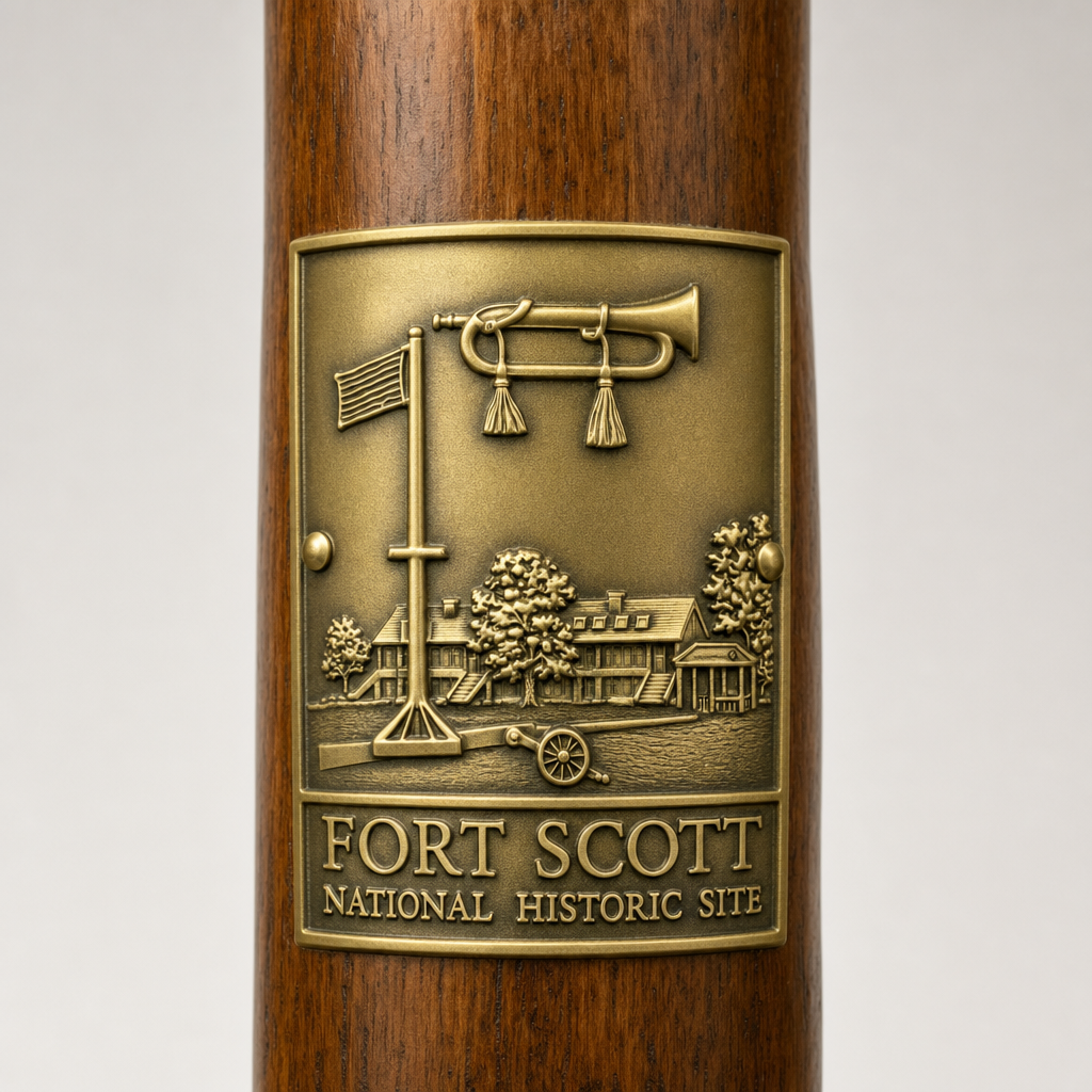 Fort Scott National Historical Site hiking stick medallion installed on a wooden hiking staff