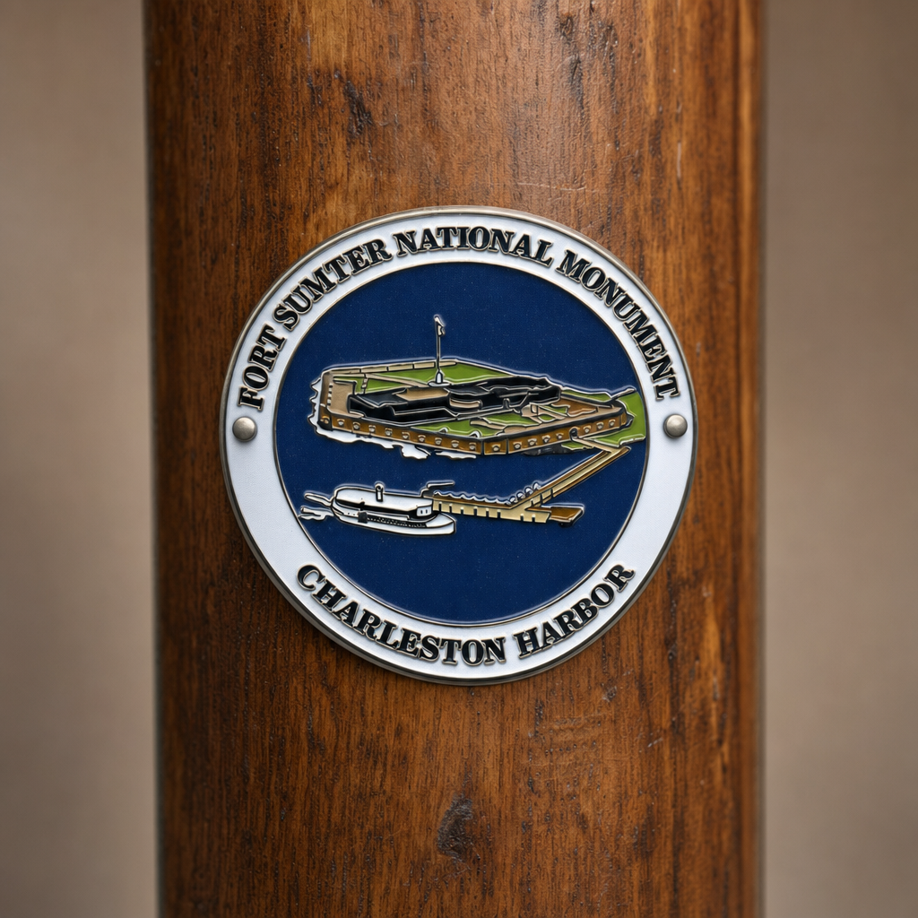 Fort Sumter hiking stick medallion installed on a wooden hiking staff