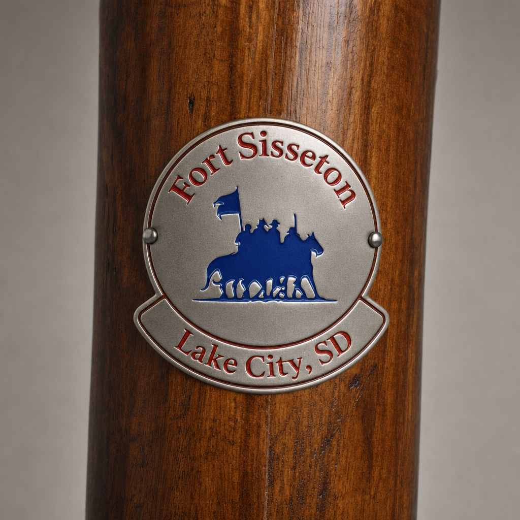 Fort Sisseton hiking stick medallion installed on a wooden hiking staff