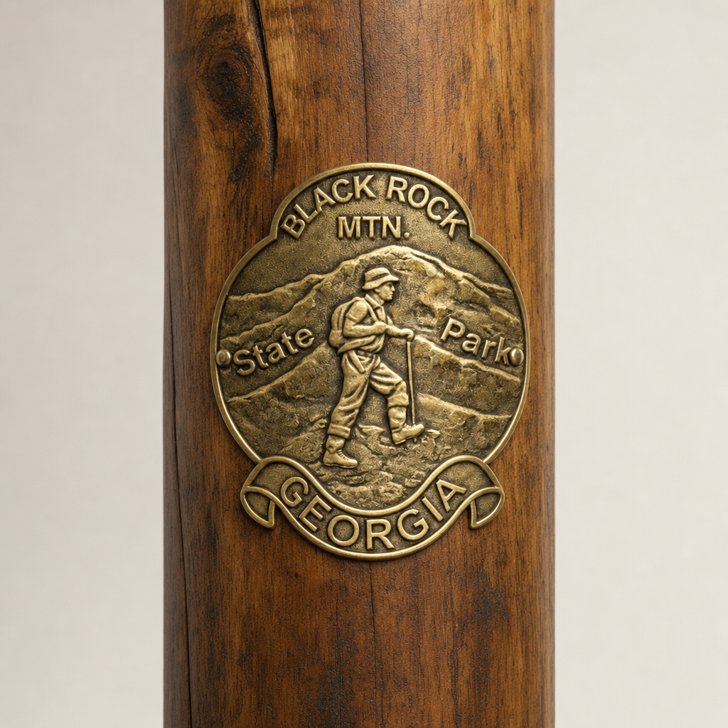 Black Rock State Park Hiker hiking stick medallion installed on a wooden hiking staff