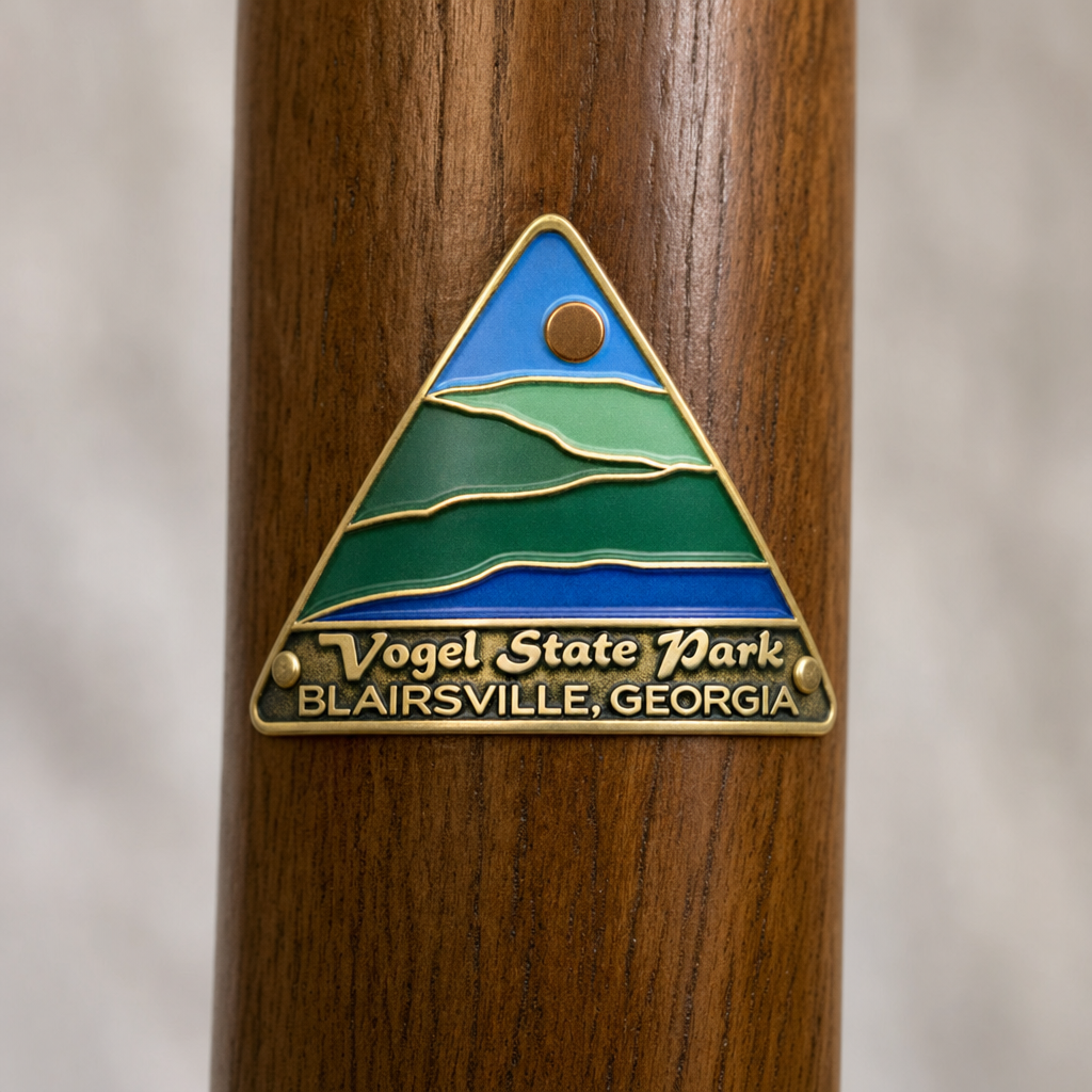 Vogel State Park Logo hiking stick medallion installed on a wooden hiking staff