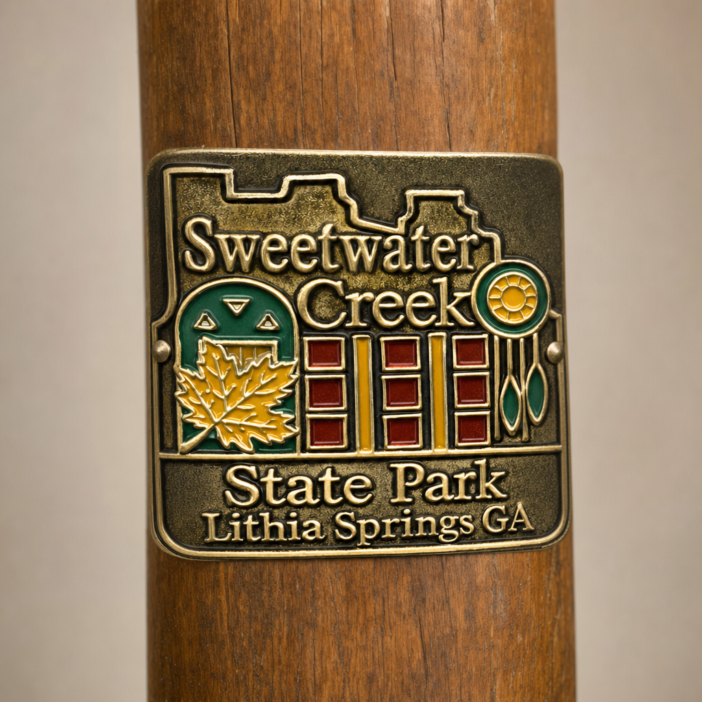 Sweetwater Creek State Park hiking stick medallion installed on a wooden hiking staff