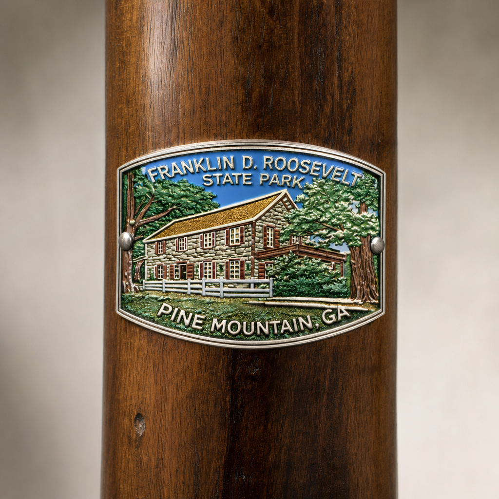 Pine Mountain State Park hiking stick medallion installed on a wooden hiking staff