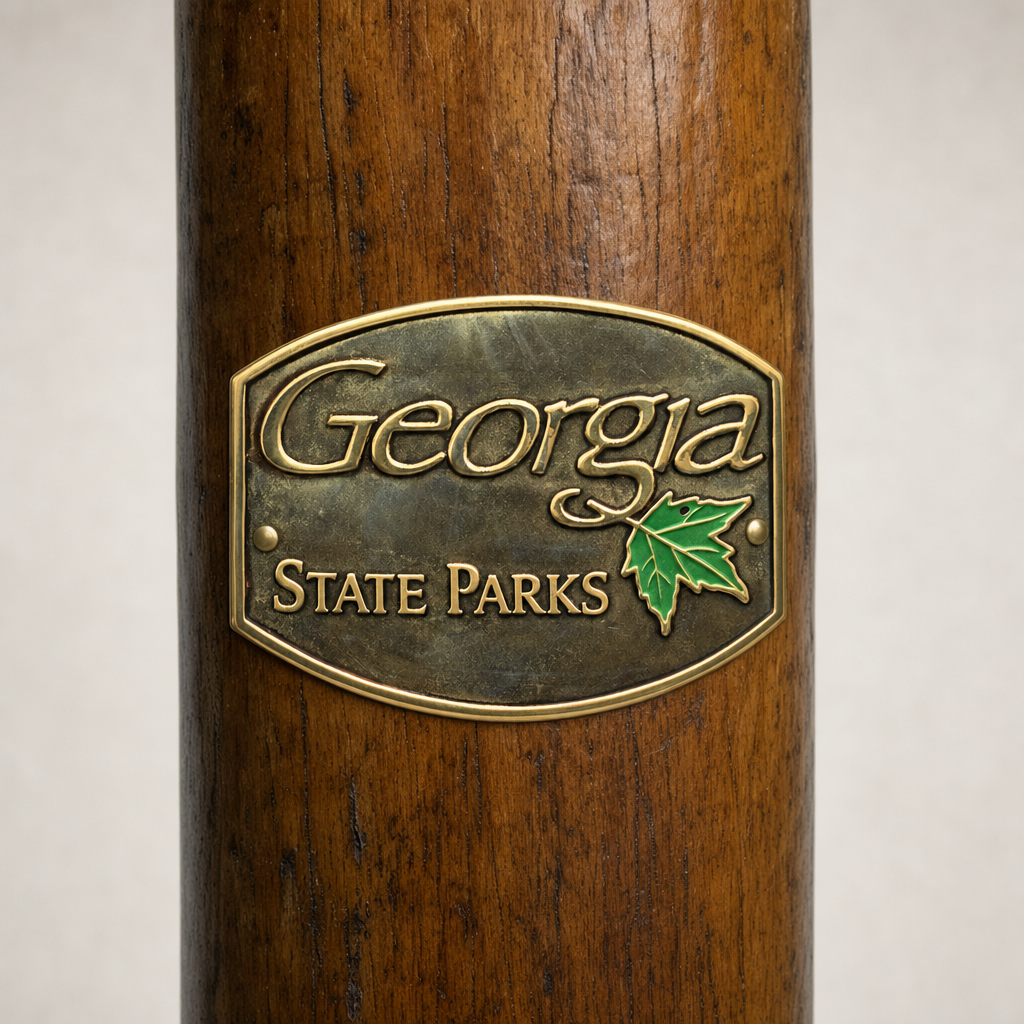 Georgia State Parks State Park Logo hiking stick medallion installed on a wooden hiking staff