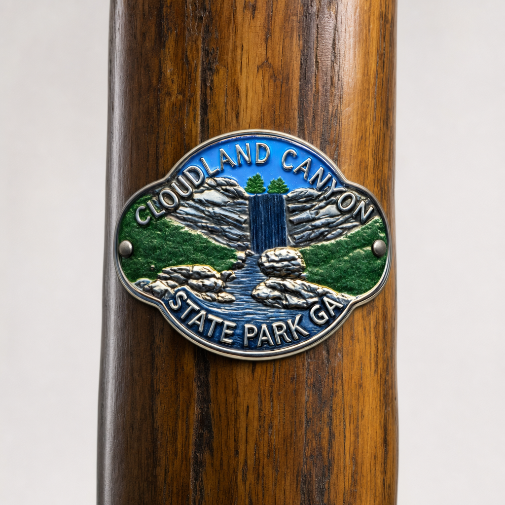 Cloudland Canyon State Park View hiking stick medallion installed on a wooden hiking staff